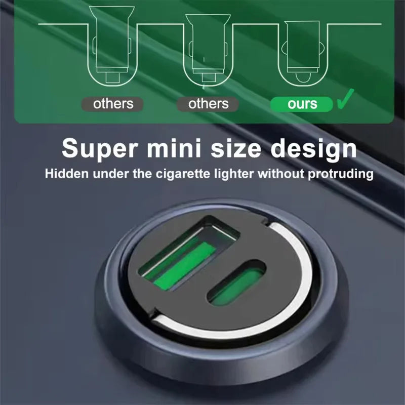 Compact 100W mini car charger compared to bulkier car chargers, sitting flush inside a cigarette lighter socket
