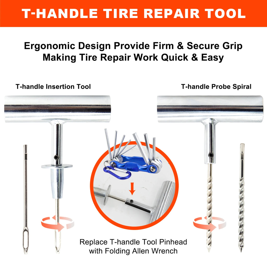 T-handle tyre repair tool with ergonomic grip and folding Allen wrench attachment from the Deluxe Tyre Repair Kit