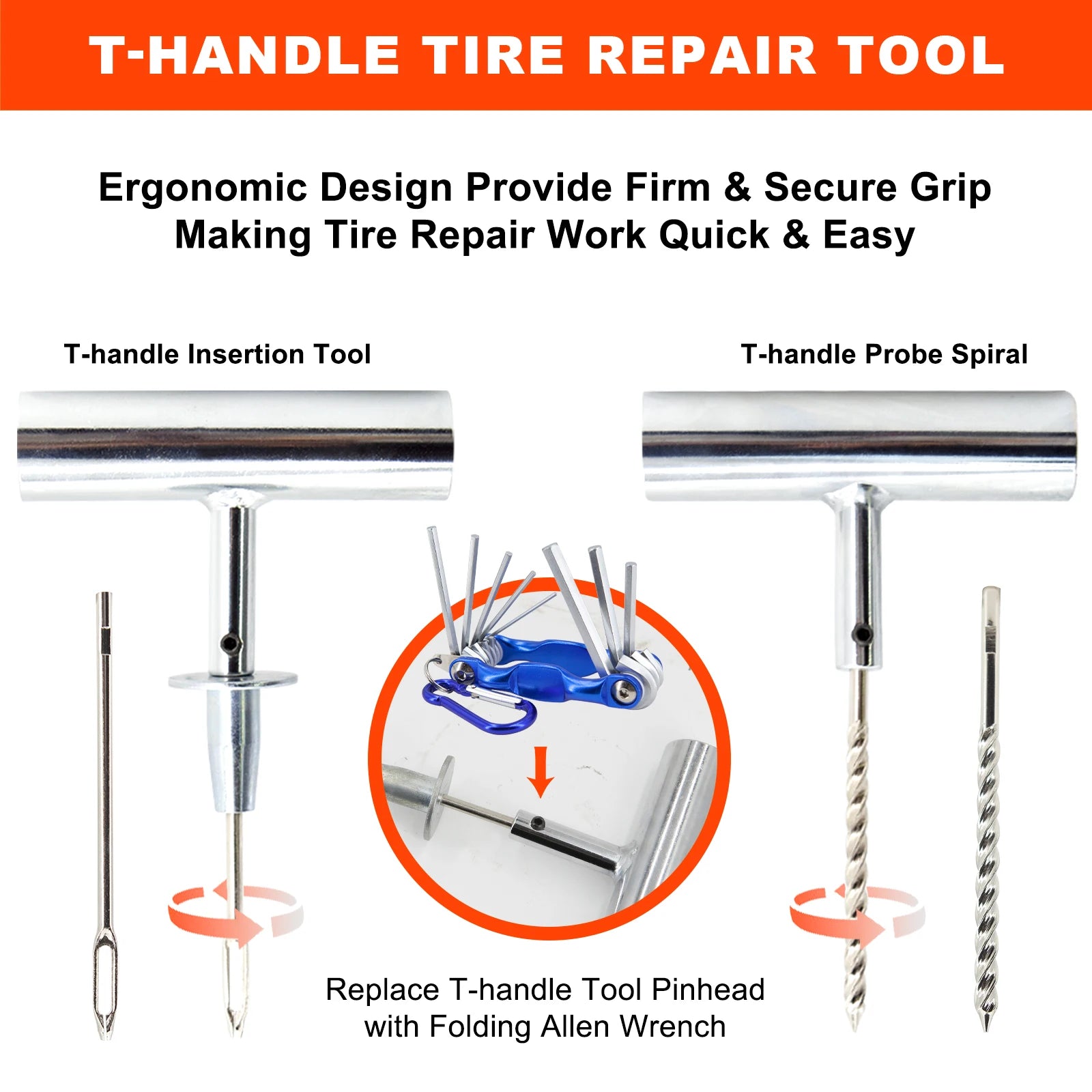 T-handle tyre repair tool with ergonomic grip and folding Allen wrench attachment from the Deluxe Tyre Repair Kit