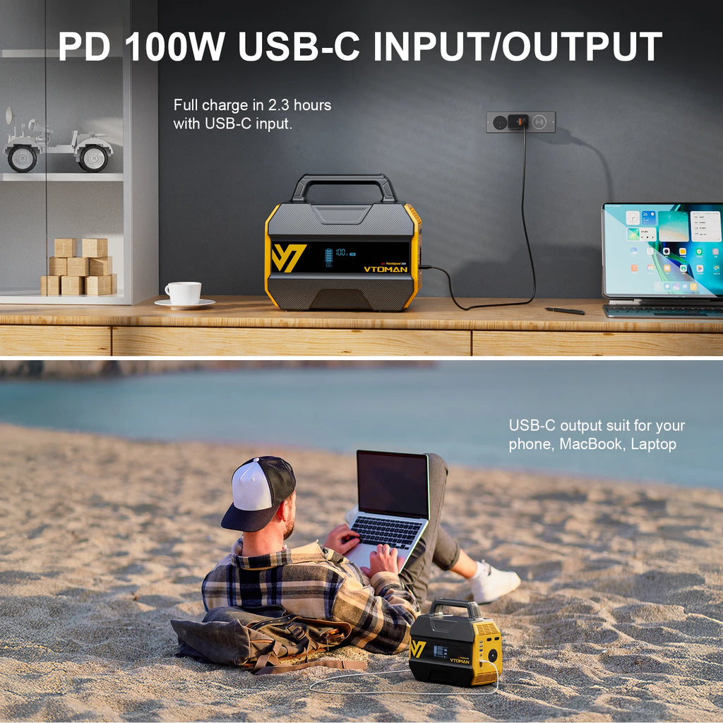 Compact 230Wh Power Station charging via 100W USB-C at home, and a man on the beach using a laptop powered by the unit