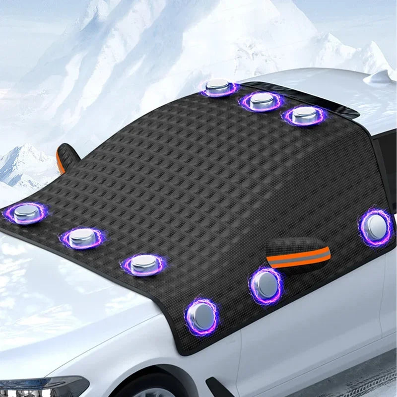 Magnetic Windshield Snow Cover fitted to a car windscreen with glowing purple magnets in a snowy mountain setting