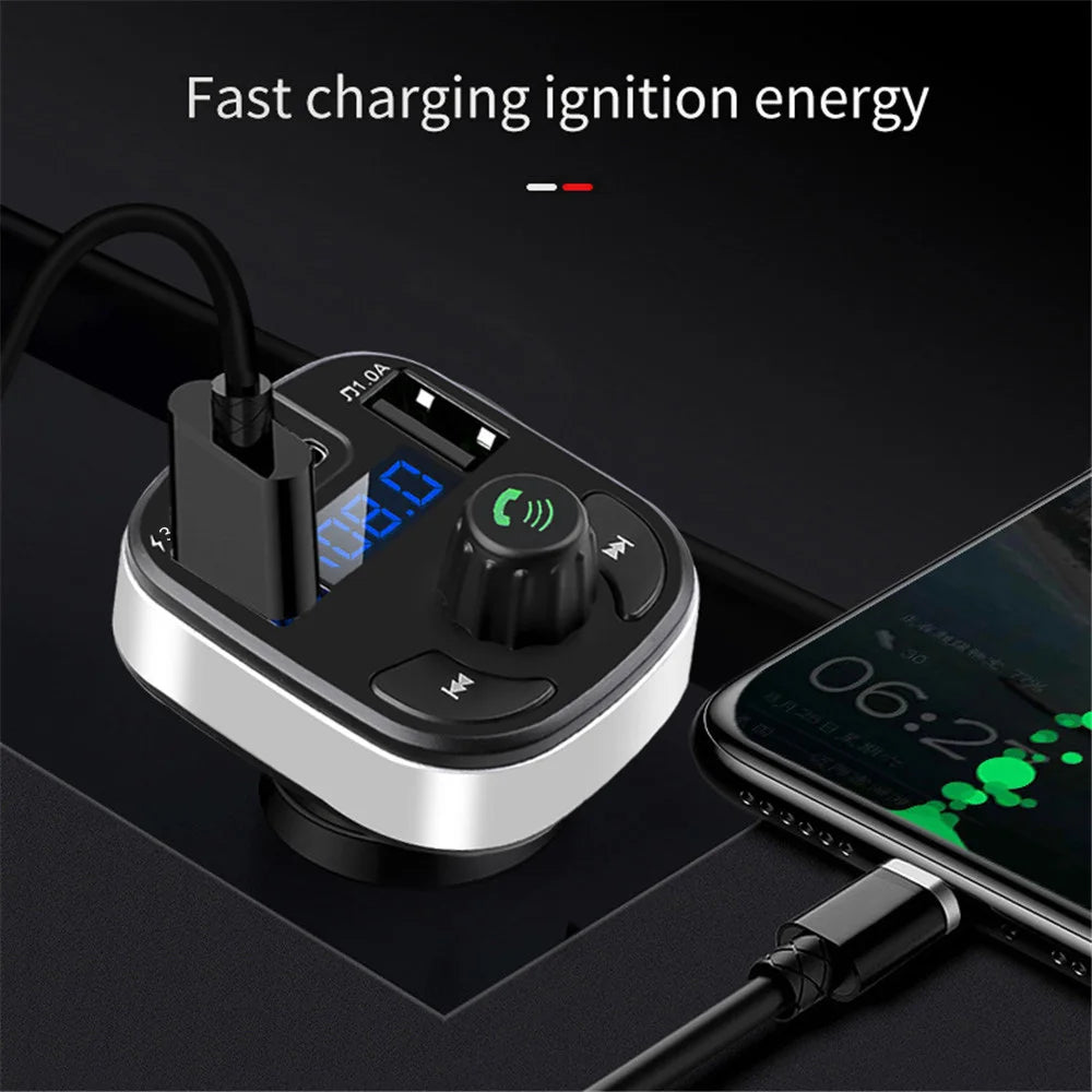 Triple-Port Bluetooth FM Transmitter fast charging a smartphone via USB cable in a car