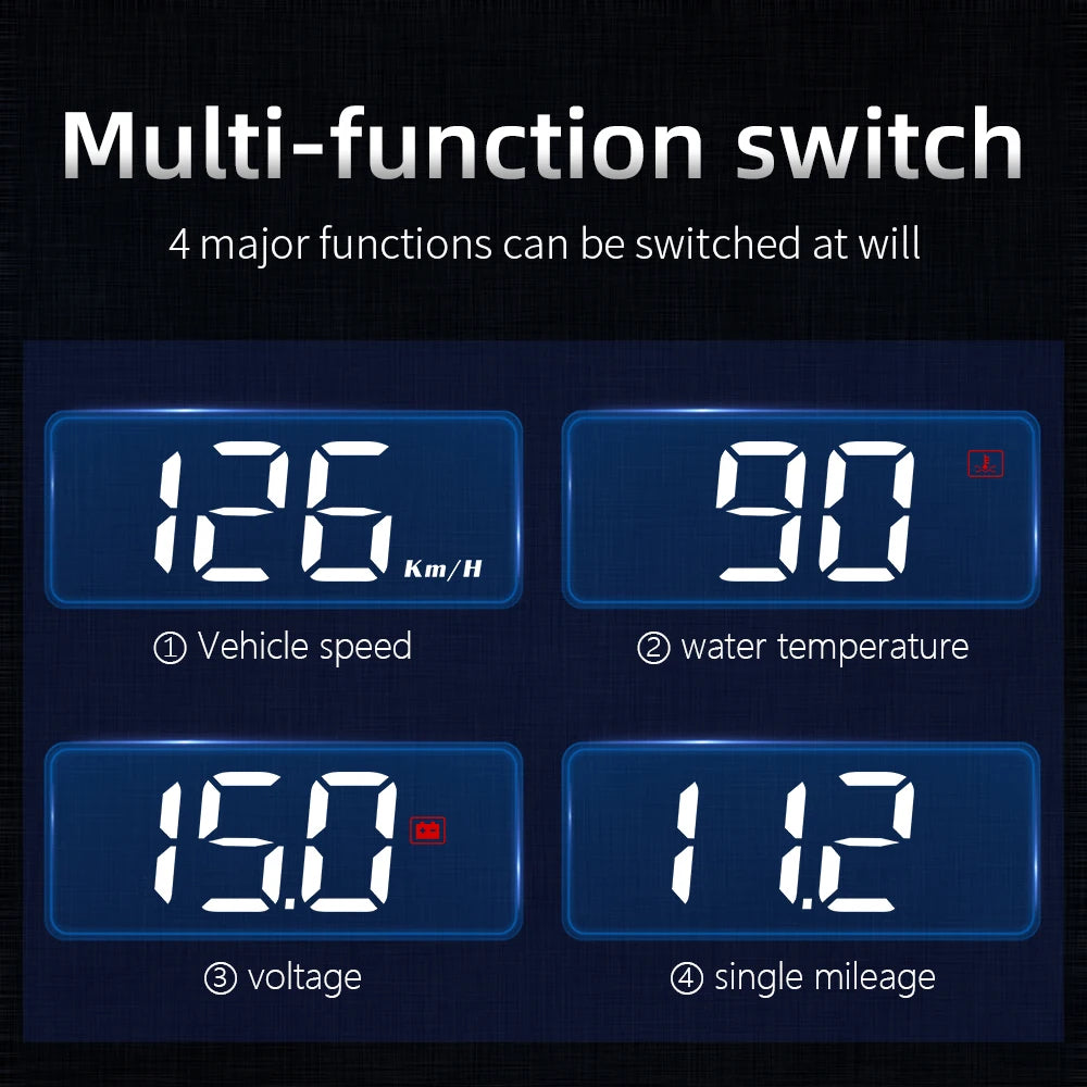 Compact OBD2 Head-Up Display four display modes showing vehicle speed, water temperature, battery voltage and trip distance