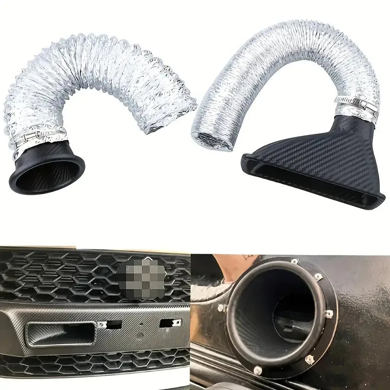 Turbo Air Intake Funnel round and square carbon-fibre inlets with flexible hoses, alongside real installation photos on two different vehicles