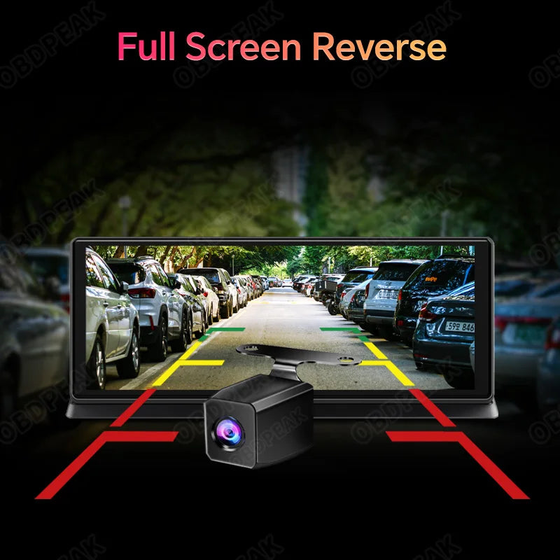 Pro CarPlay Dash Cam full-screen reverse camera display showing a car park view with reversing guidelines overlaid on the touchscreen