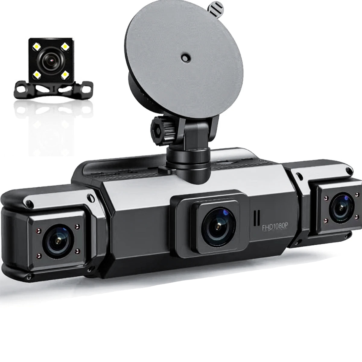 Quad-Lens Dash Cam with front, left and right cameras, windscreen suction mount and separate rear camera unit on a white background