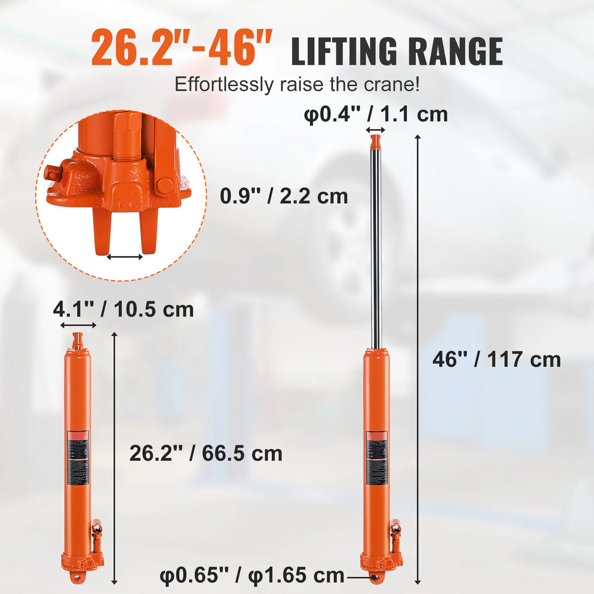 Hydraulic Long Ram Jack lifting range diagram from 66.5 cm retracted to 117 cm extended