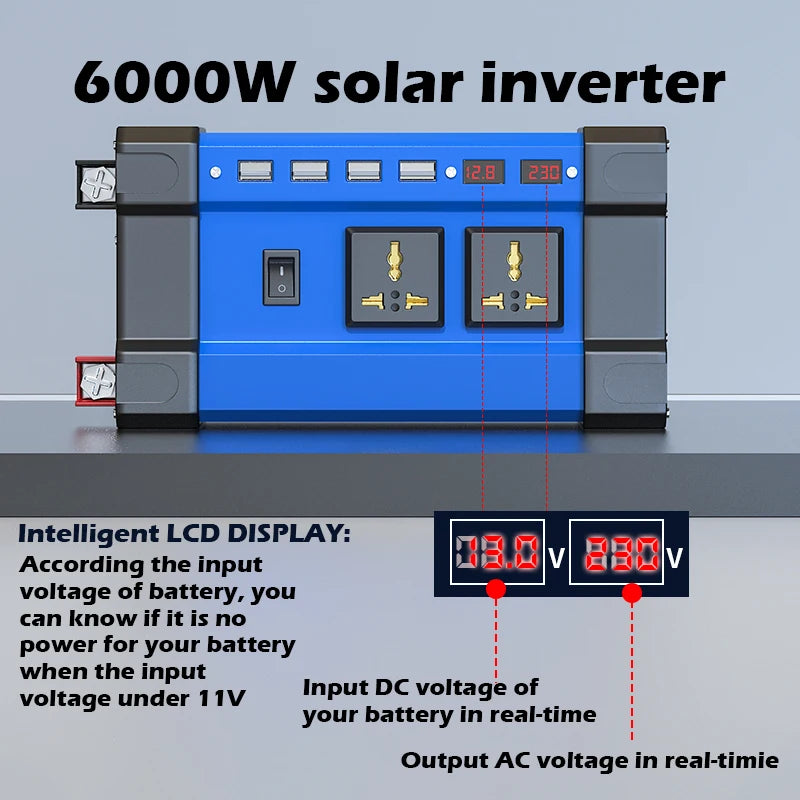 6000W solar inverter with USB ports, AC outlets and intelligent LCD voltage display