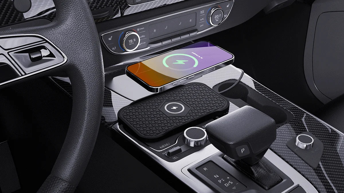 Wireless phone charger in a car console with close-up of device and additional use on a surface.