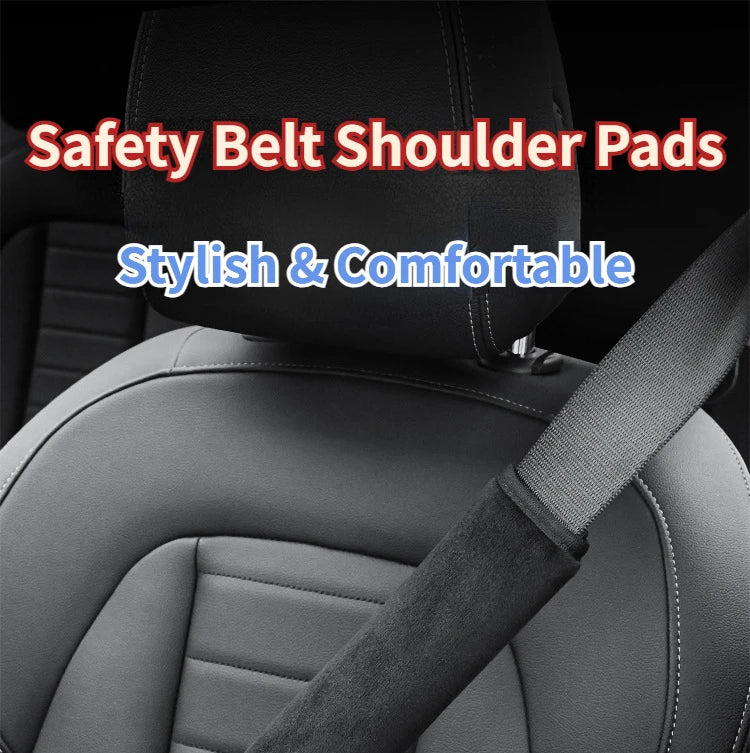 Black seat belt shoulder pad fitted to a car headrest and seat belt with stylish and comfortable text overlay