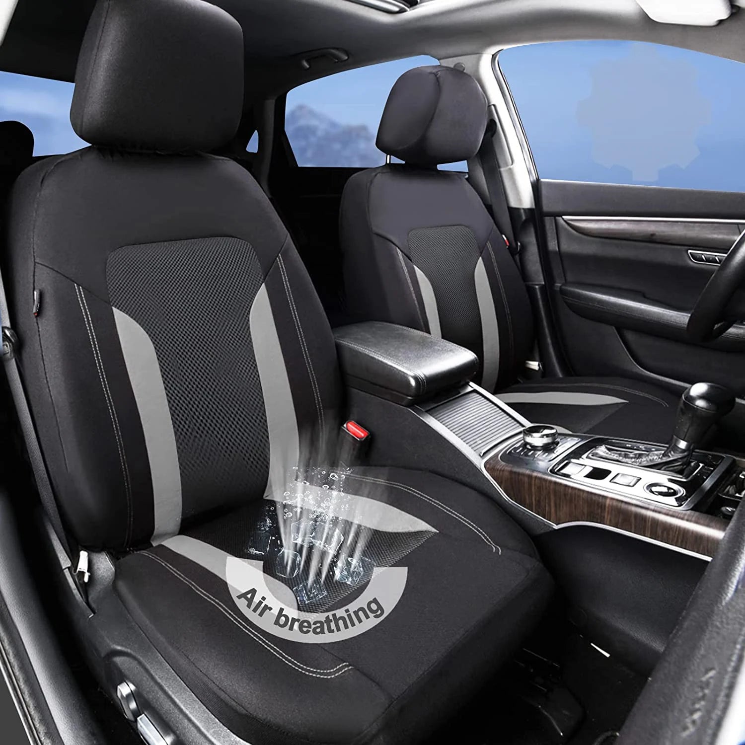 Breathable Mesh Seat Covers installed in a car showing airflow ventilation through the mesh backrest
