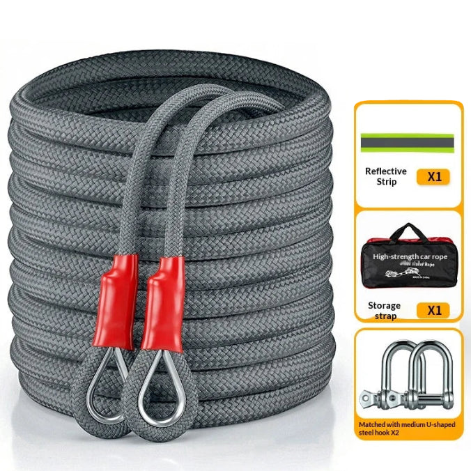 Heavy-Duty Recovery Rope coiled with included reflective strip, storage bag and two steel U-shaped shackles
