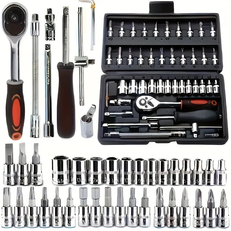 Chrome vanadium 46-piece socket set with ratchet, bits and case laid out on white background