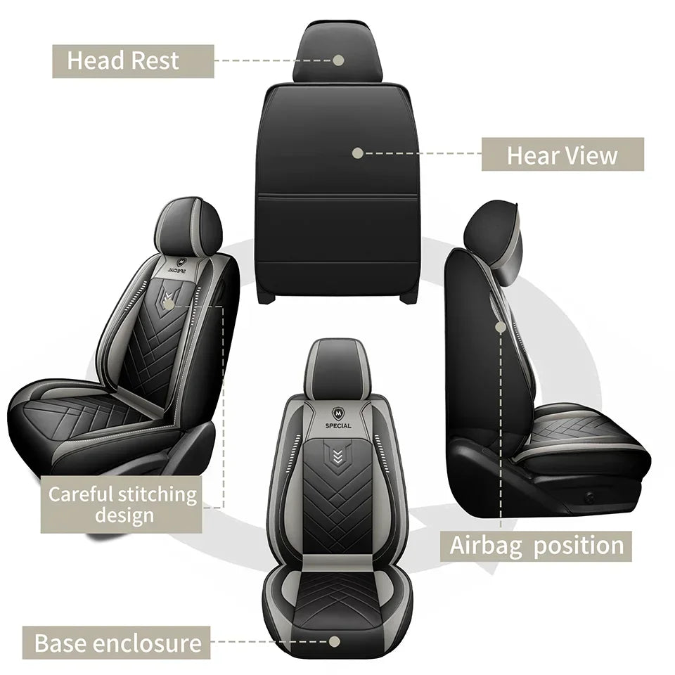 Diagram showing head rest, rear view, storage pocket, airbag position and size features of the Leather-Look Seat Cover