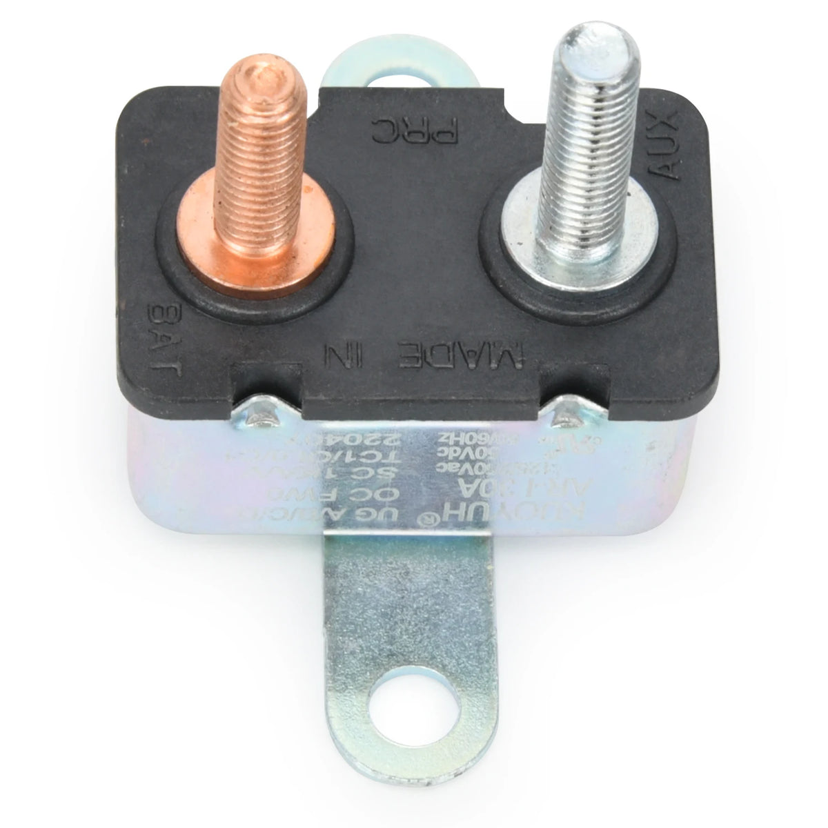 Close-up of the Thermo Fan Relay Kit circuit breaker with copper and steel terminal studs and mounting bracket