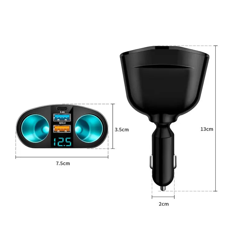 Dual-Socket Fast Car Charger dimensions: 7.5 cm wide, 3.5 cm deep and 13 cm tall with 2 cm plug
