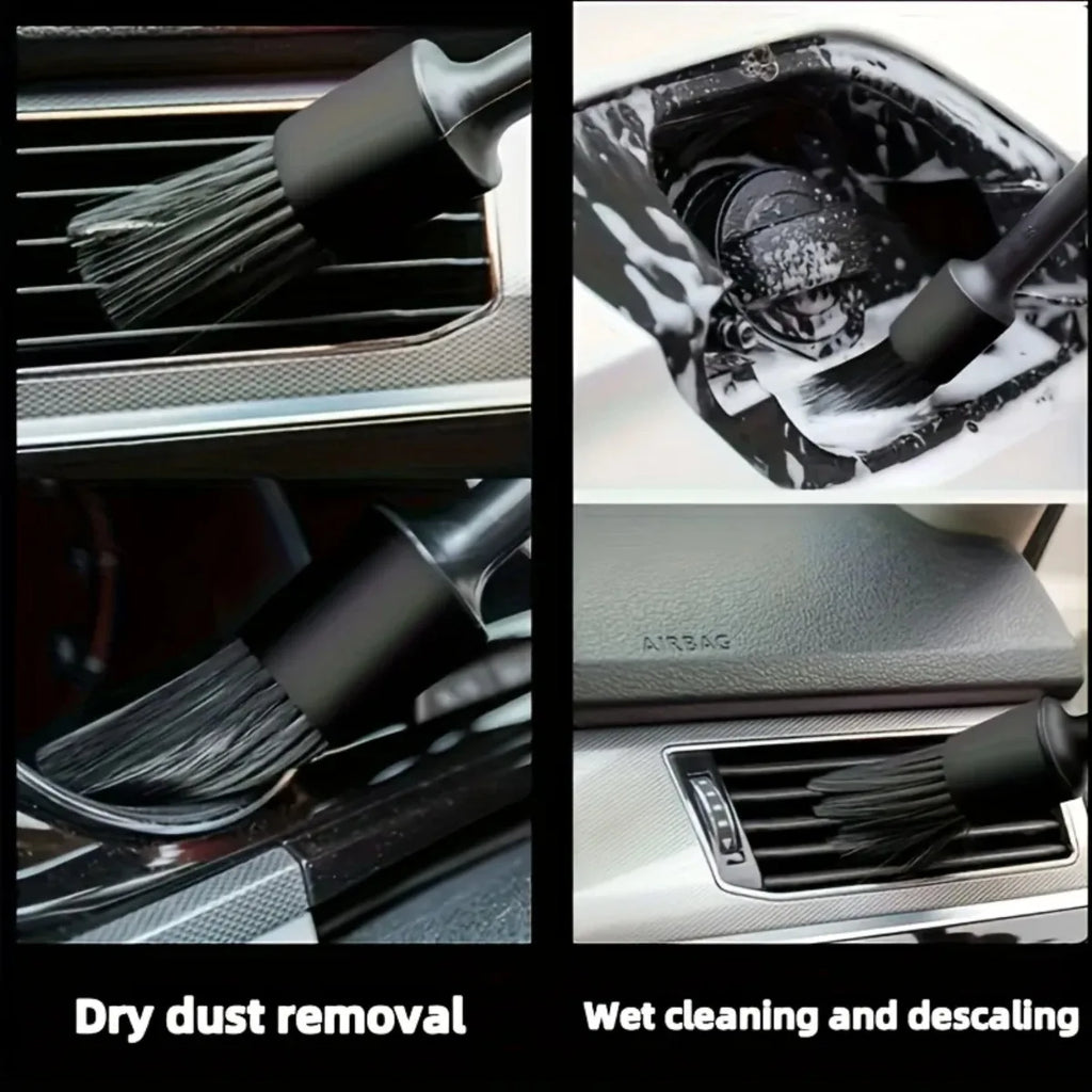 Black detailing brush removing dust from car air vents and centre console, showing dry and wet cleaning