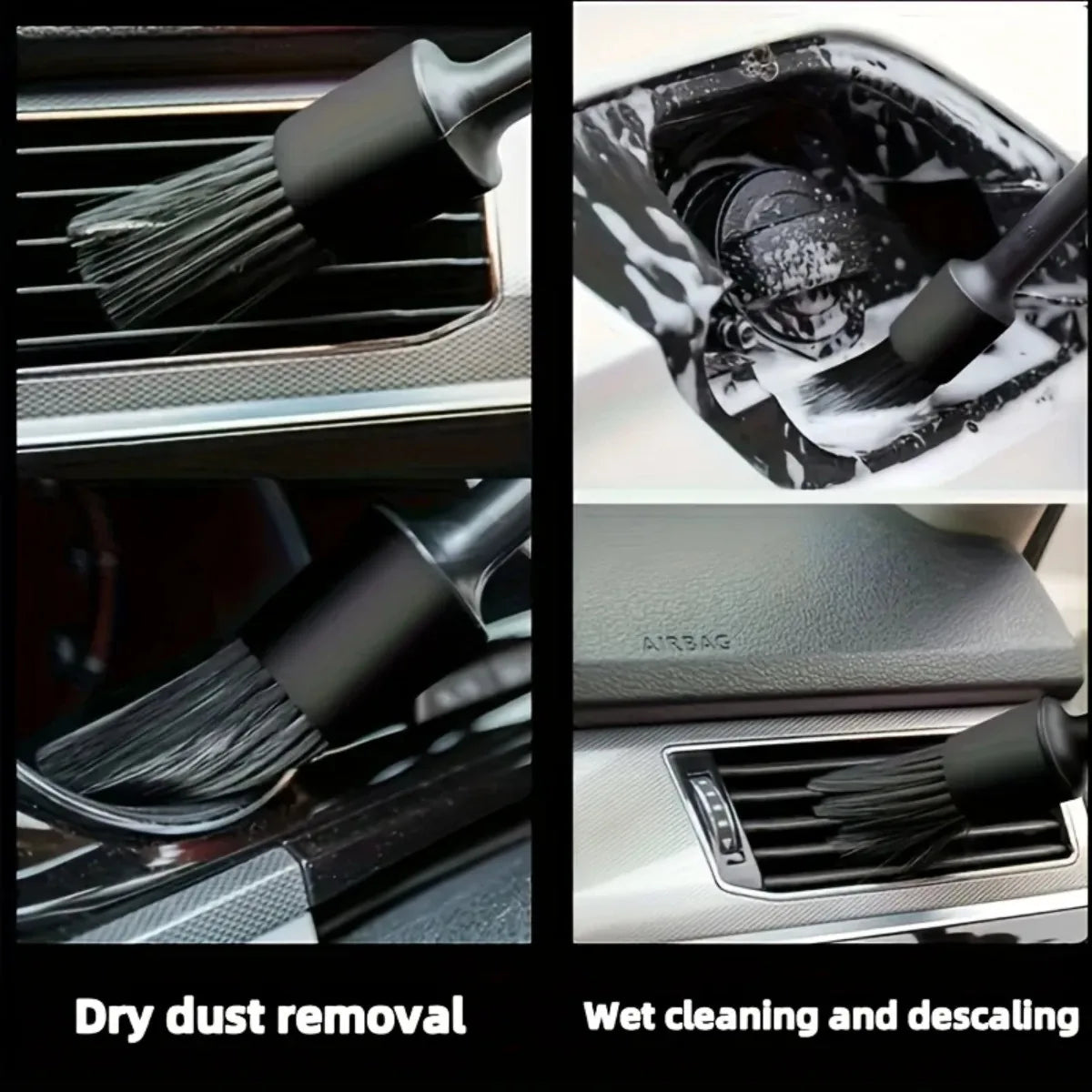 Black detailing brush removing dust from car air vents and centre console, showing dry and wet cleaning