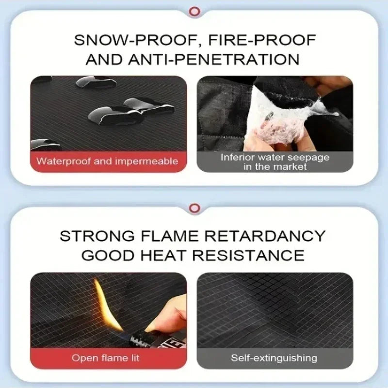 Infographic showing the Magnetic Windscreen Frost Cover's waterproof, impermeable, flame-retardant and heat-resistant Oxford cloth material