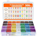 Automotive Blade Fuse Assortment Kit 300 piece pack infographic showing amperage colour chart and fuse sizes.