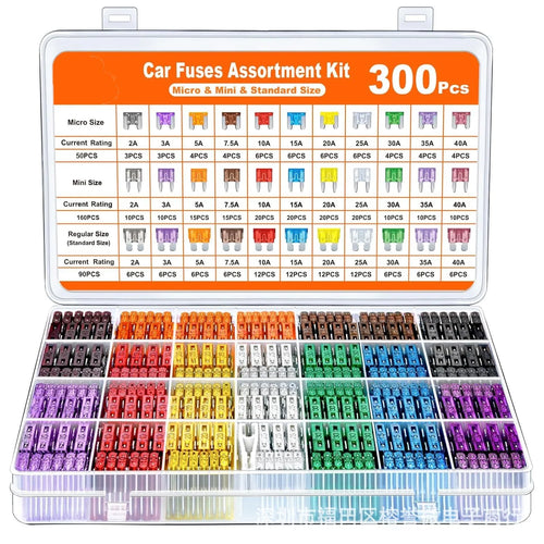 Automotive Blade Fuse Assortment Kit 300 piece pack infographic showing amperage colour chart and fuse sizes.