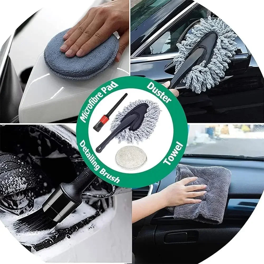 10-Piece Car Detailing Kit microfibre pad, duster, detailing brush and towel being used on car exterior and interior