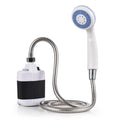 Rechargeable Camp Shower Kit with white and black pump, stainless steel hose and handheld shower head
