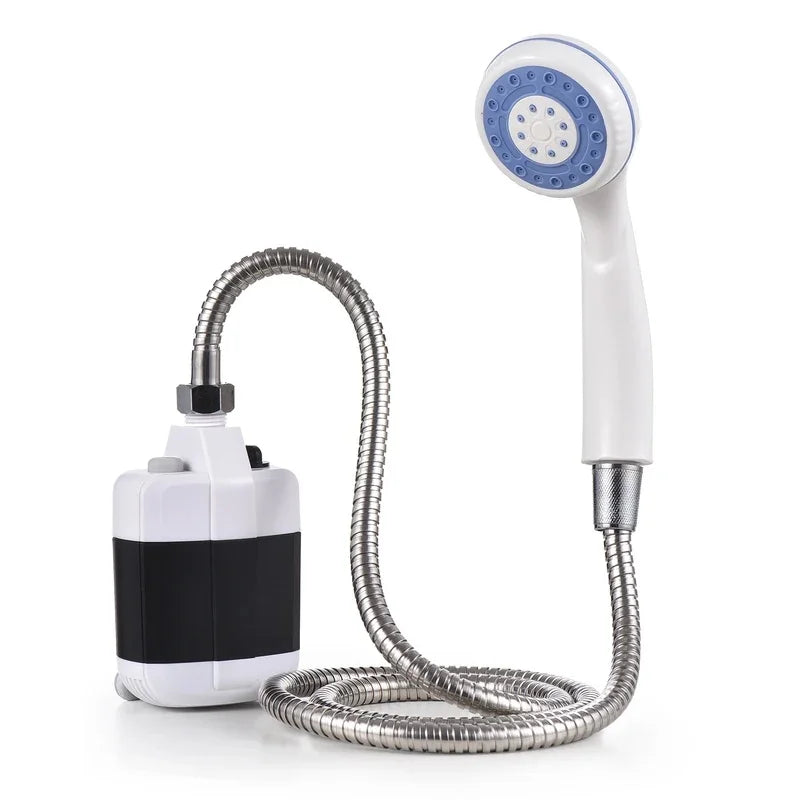 Rechargeable Camp Shower Kit with white and black pump, stainless steel hose and handheld shower head