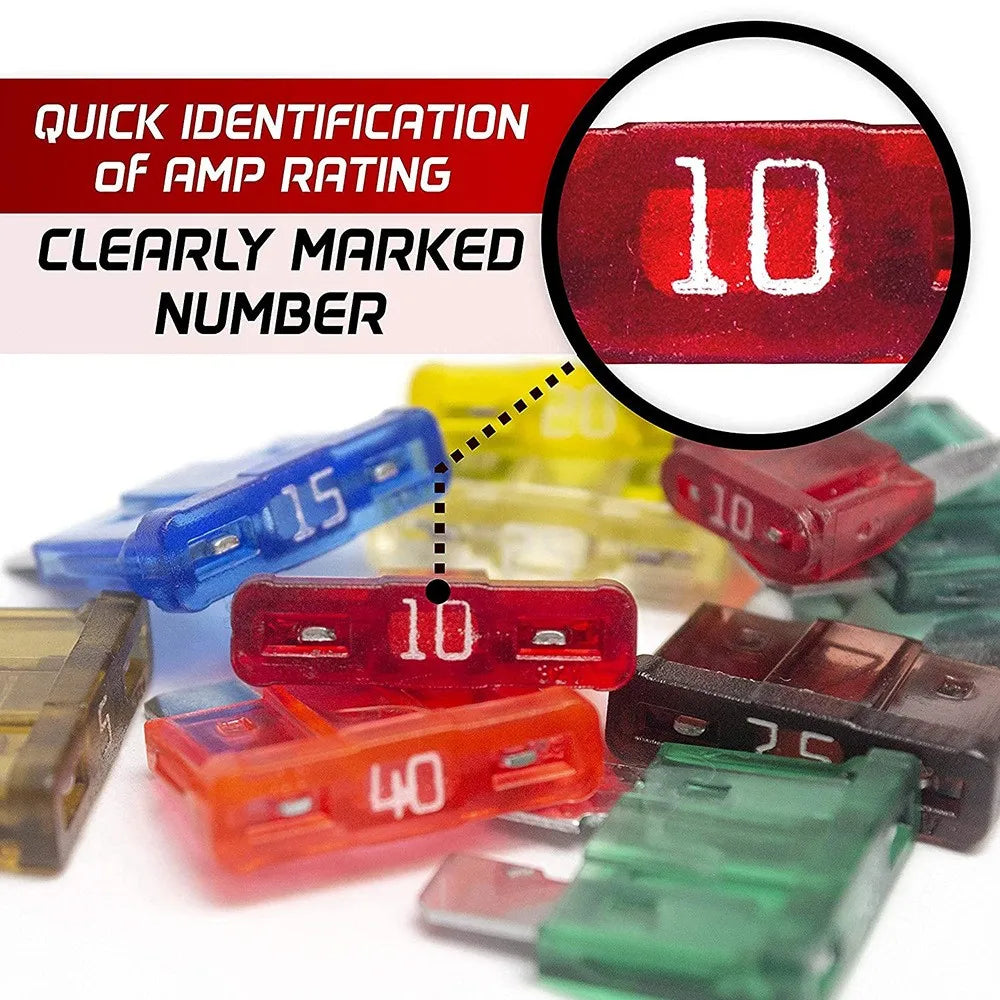 Close-up macro photo of automotive blade fuses showing clearly marked amp ratings for quick identification.