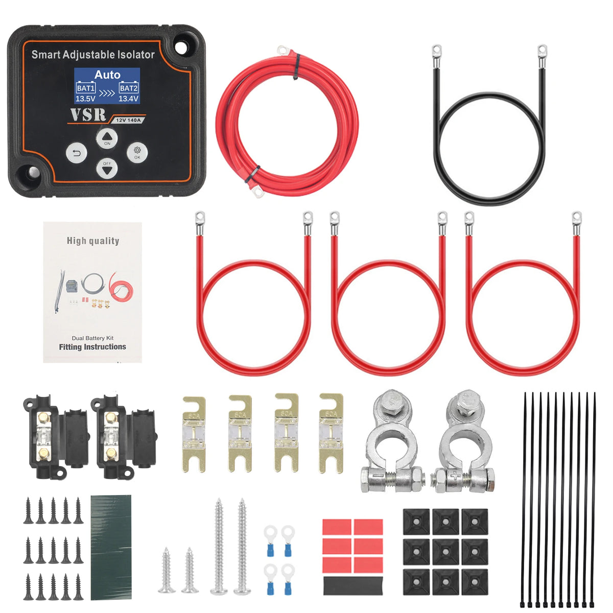 Adjustable Lithium Battery Isolator kit contents including isolator, cables, fuse holders, fuses, terminals, cable ties and screws