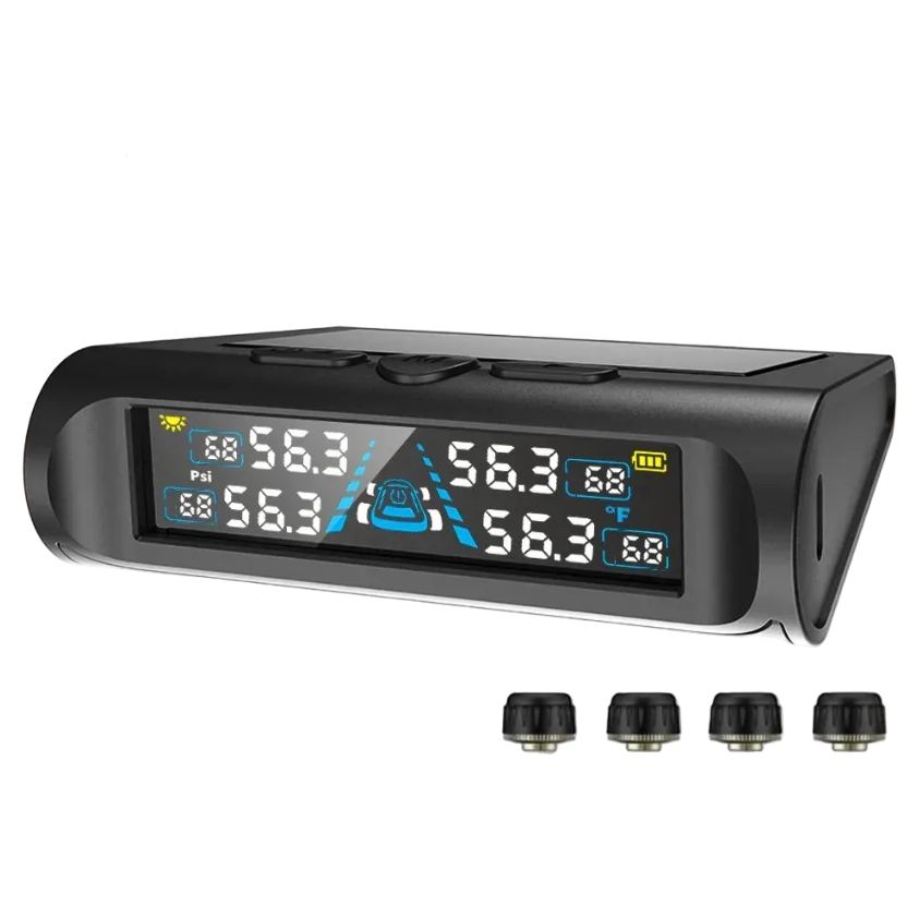 Solar tyre pressure monitor display unit showing four-tyre pressure readings with four external valve cap sensors