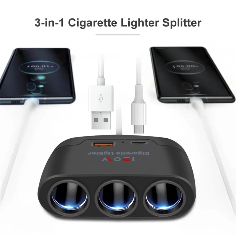 Infographic showing the Multi-Port Car Charger Hub charging a smartphone and tablet via USB and cigarette lighter ports