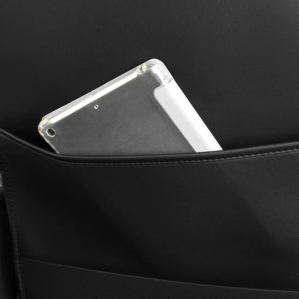 Close-up of the Leather-Look Seat Cover side pocket holding a tablet device