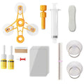 Windscreen Repair Kit components laid out on a white background including injector tool, resin vials, syringe and UV curing strip