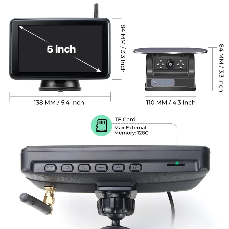 Touchscreen DVR Reversing Camera 5-inch monitor and camera dimensions with TF card slot on the monitor edge