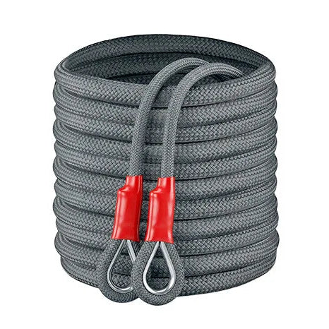 Heavy-Duty Recovery Rope coiled with double stainless steel thimble loops and red protective sleeves on a white background