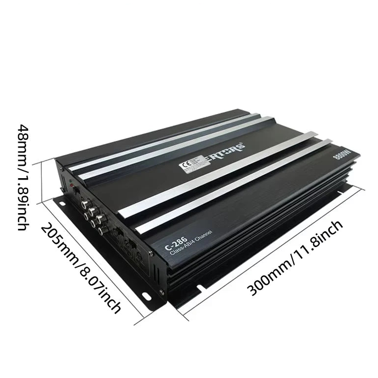 4-Channel Car Amplifier shown with labelled dimensions of 300mm by 205mm by 48mm