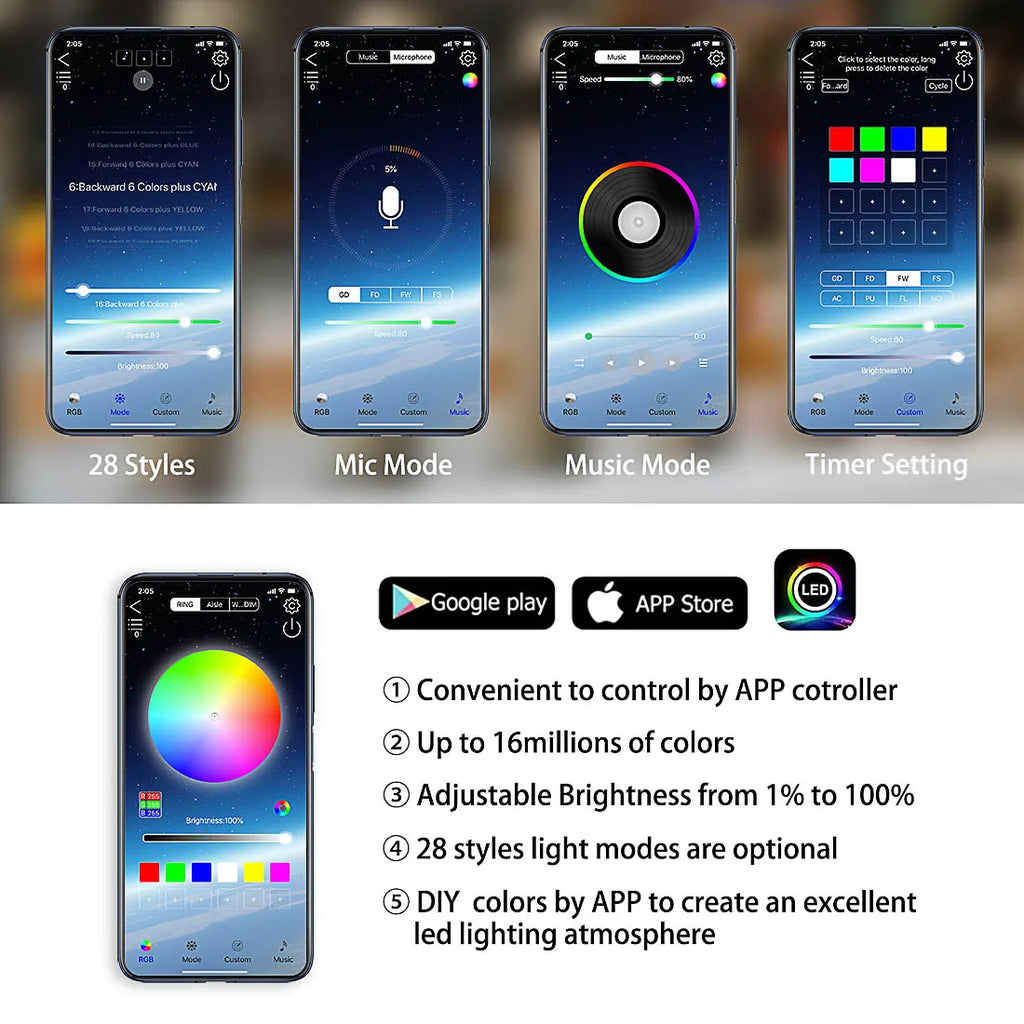 RGB Underglow Light Kit smartphone app showing 28 styles, mic mode, music mode and timer setting controls