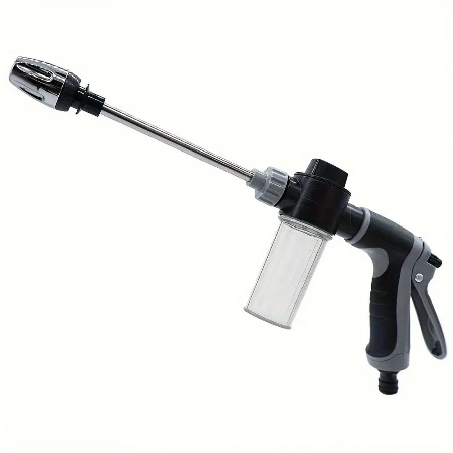 Foam Wash Hose Gun with stainless steel wand, adjustable nozzle, clear foam bottle and grey anti-slip trigger handle