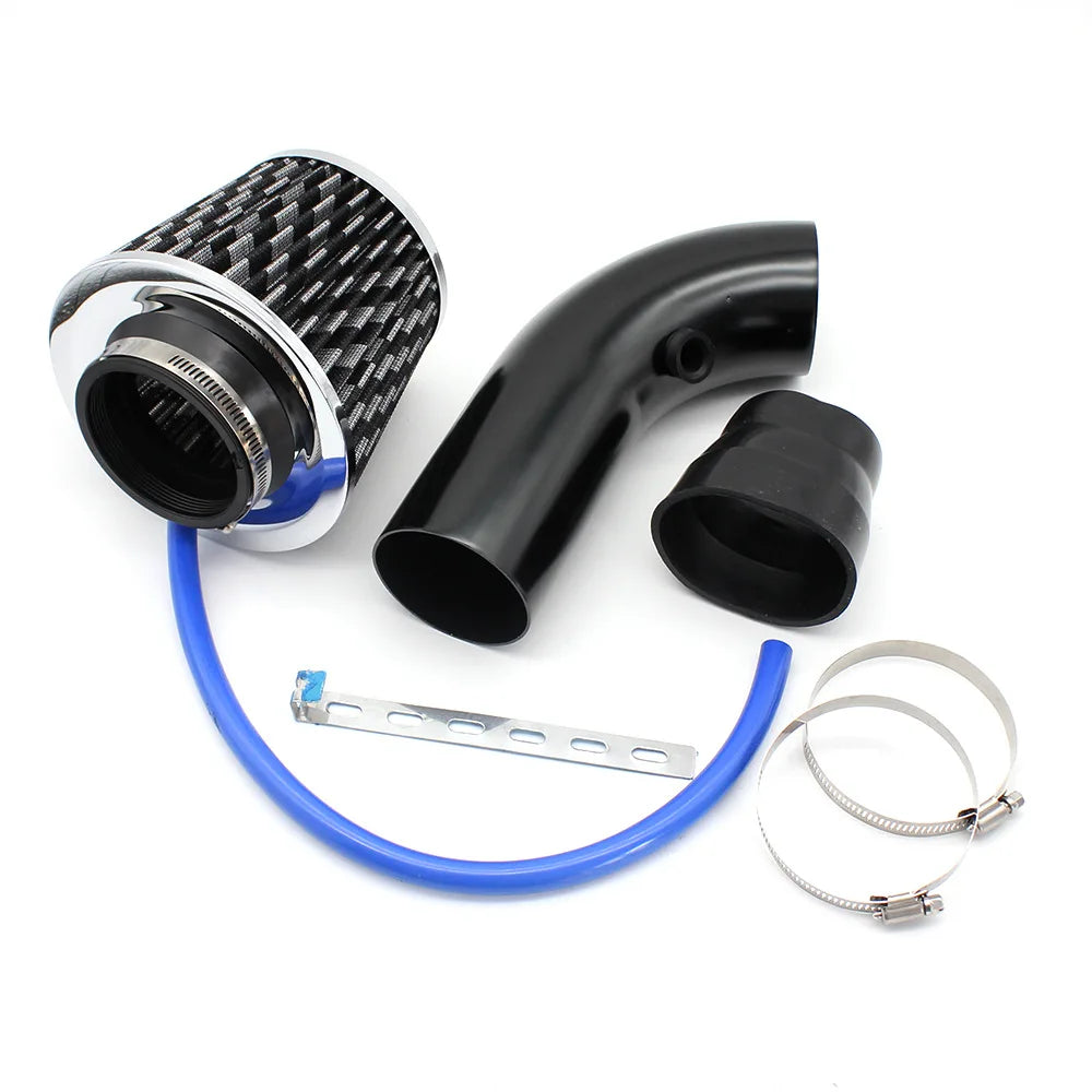 Cold air intake kit components including cone air filter, aluminium intake pipe, silicone coupler, vacuum hose, bracket and hose clamps