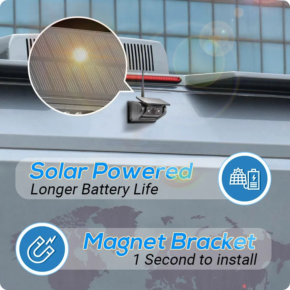 Solar Reversing Camera Kit camera attached by magnetic bracket to the rear of a van, with close-up of its solar panel