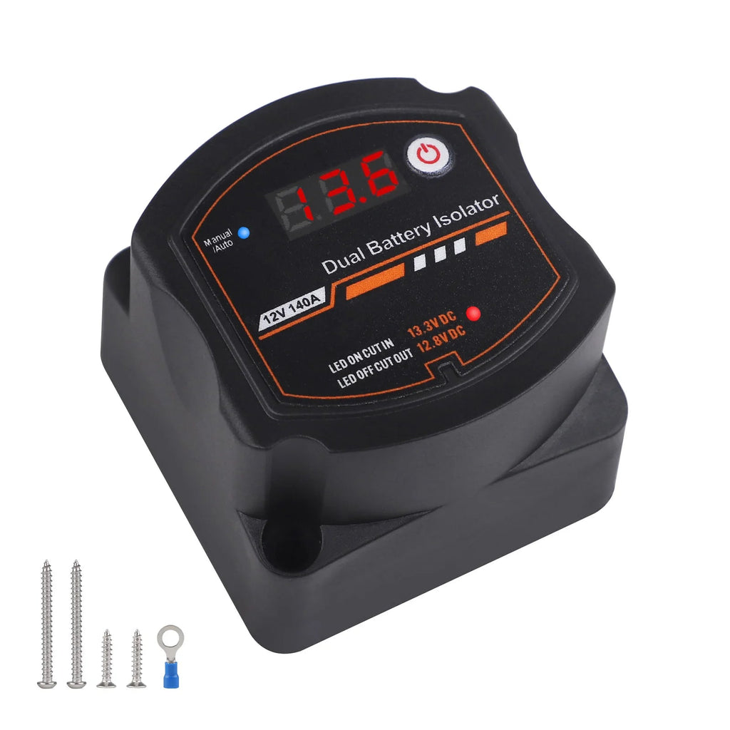 Digital VSR Battery Isolator 12V 140A with red LED voltmeter display, power button and mounting screws