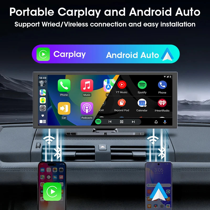 Widescreen 4K CarPlay Dash Cam running wireless Apple CarPlay and Android Auto with smartphones connecting via Bluetooth