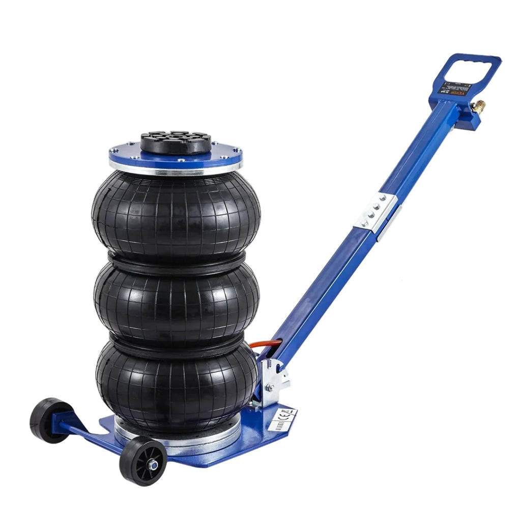 Triple-Bag Air Jack with three black rubber air bags, blue steel base, wheels and long handle on a white background