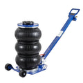 Triple-Bag Air Jack with three black rubber air bags, blue steel base, wheels and long handle on a white background