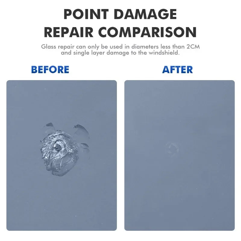 Before and after comparison of a windscreen chip repaired using the Windscreen Repair Kit