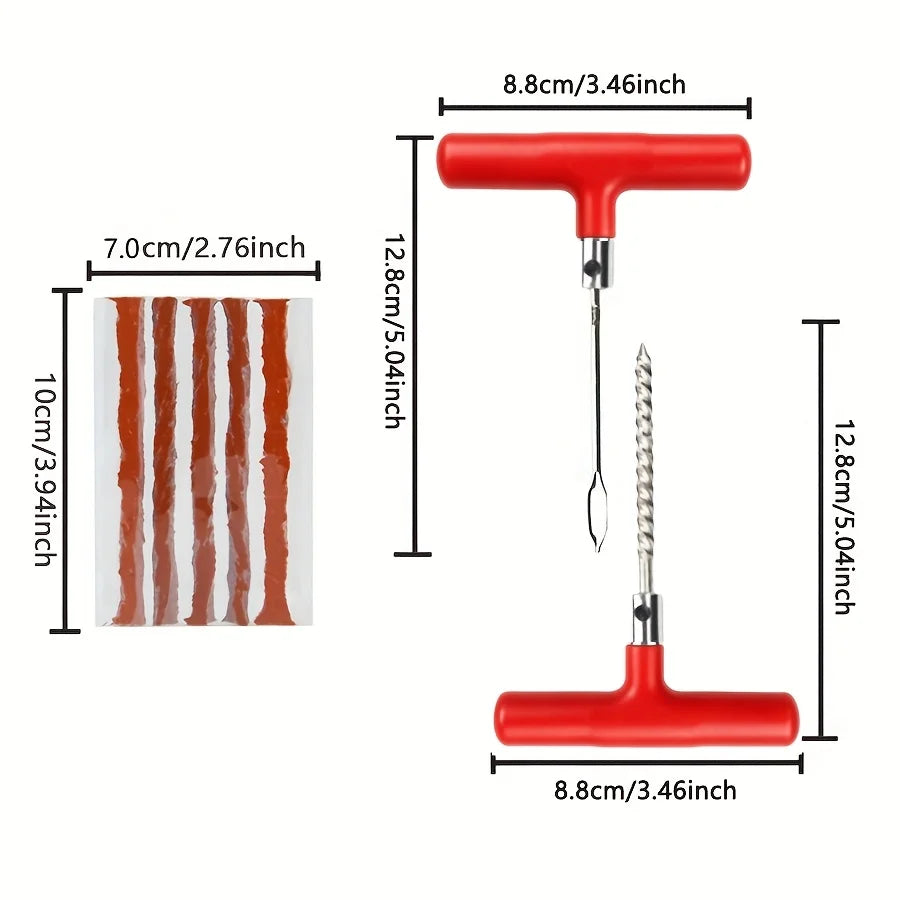 Tubeless tyre repair kit dimensions: T-handle tools 12.8 cm x 8.8 cm and repair plugs 10 cm x 7 cm