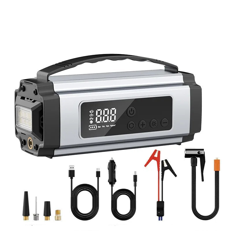 6-in-1 Jump Starter & Inflator with carry handle, LED display and floodlight, shown with jumper clamps, air hose, charging cables and nozzles