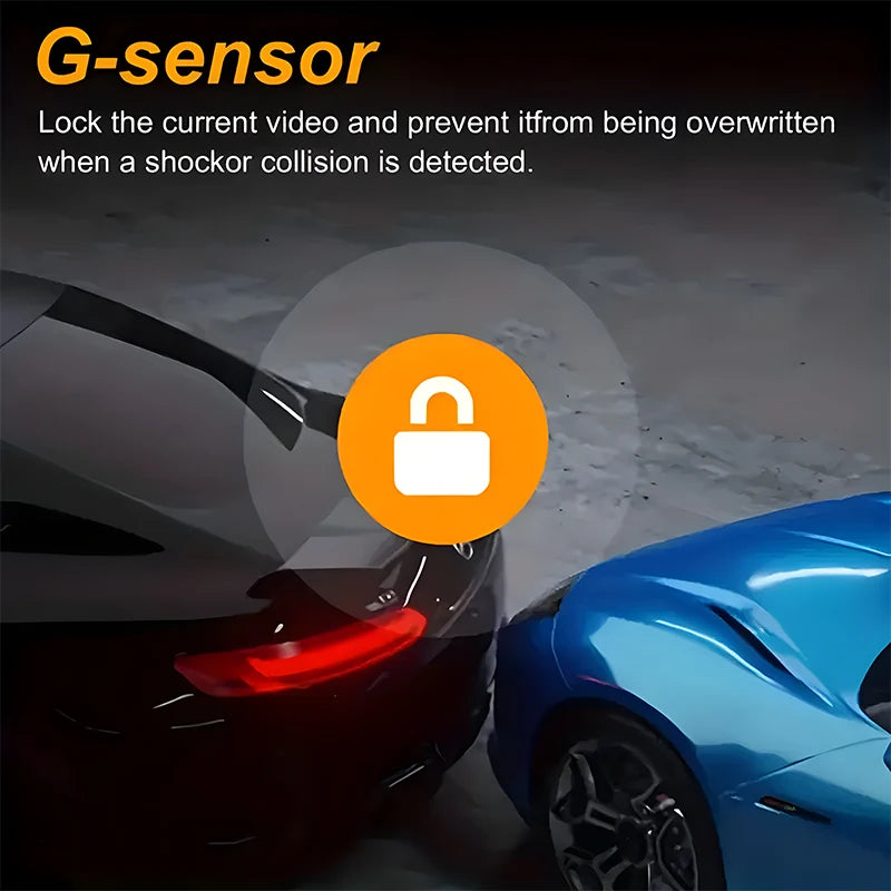 Dash cam G-sensor lock icon over two cars in a collision, showing automatic footage protection