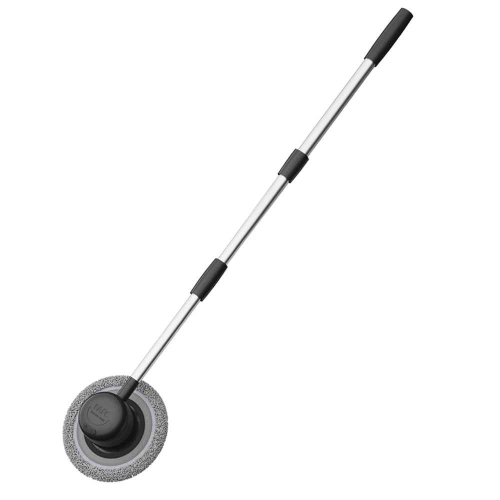 Electric Rotating Wash Mop with fully extended telescopic stainless steel handle and round grey microfibre cleaning head on a white background